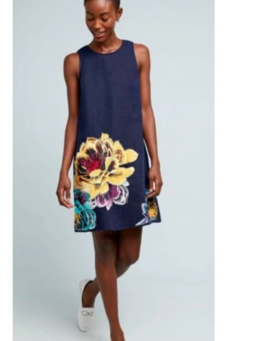 Maeve Shift Dress Women XS Navy Blue Floral Embroidered Linen Blend Sleeveless